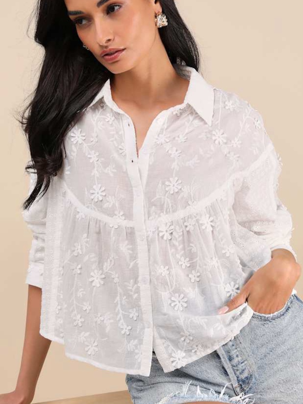 Lulus Calrose White 3D Floral Embroidered Long Sleeve Button-Front Top size L